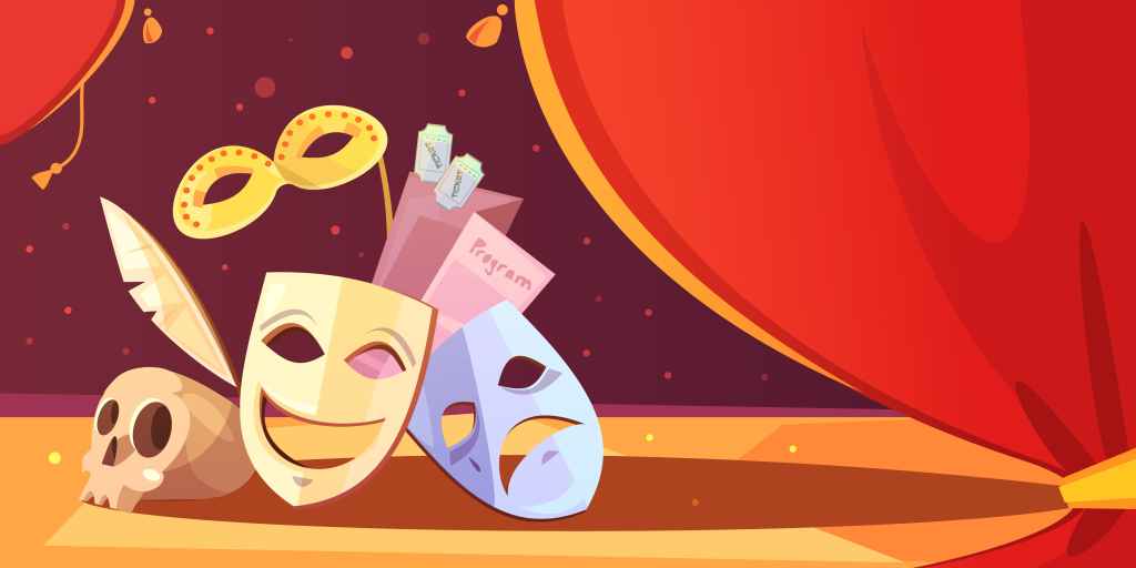 Illustration symbolique du théâtre avec masques de comédie et de tragédie, représentant l’émotion, l’humour et la sensibilité abordés dans la pièce Plus fort que l’oubli sur la maladie d’Alzheimer.