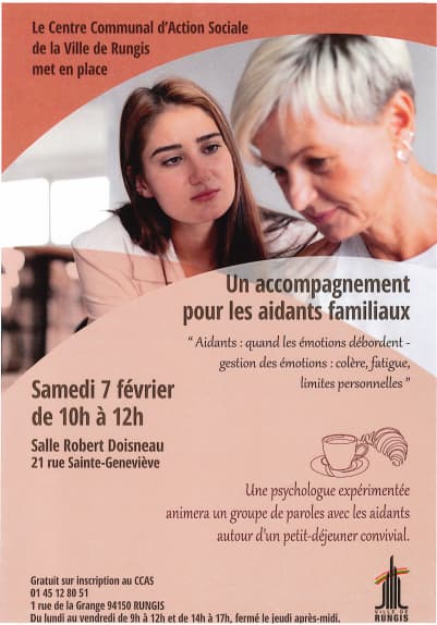 Groupe de parole pour aidants familiaux à Rungis animé par une psychologue, dédié à la gestion des émotions comme la colère, la fatigue et les limites personnelles.